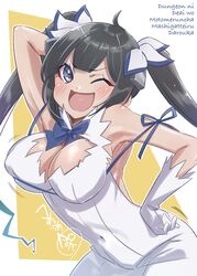  &gt;:) :d absurdres arm_up armpits black_hair blue_eyes blush breasts cleavage cleavage_cutout clothing_cutout copyright_name covered_navel dress dungeon_ni_deai_wo_motomeru_no_wa_machigatteiru_darou_ka female gloves hand_on_own_hip hestia_(danmachi) highres large_breasts long_hair one_eye_closed open_mouth pomita rei_no_himo sleeveless sleeveless_dress smile solo twintails v-shaped_eyebrows very_long_hair white_dress white_gloves 