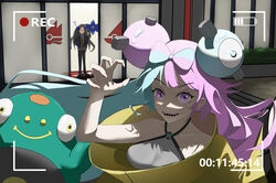  2girls ? absurdres bellibolt black_hair breasts character_hair_ornament collarbone geeta_(pokemon) glimmora hair_ornament highres iono_(pokemon) jacket looking_at_viewer multicolored_hair multiple_girls outdoors pink_eyes pink_hair pokemon pokemon_(creature) pokemon_sv recording sharp_teeth smile standing teeth two-tone_hair yeyiye_(2954504619) 