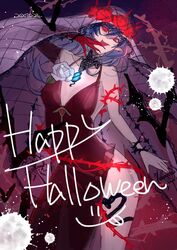  bat_(animal) blood blood_on_hands blue_hair breasts dated dress female flower halloween halloween_costume happy_halloween highres jewelry long_hair looking_at_viewer maria_traydor pointy_ears red_eyes red_flower red_rose rose smile solo sowasan_(sowasowa) star_ocean star_ocean_anamnesis star_ocean_till_the_end_of_time thorns vampire 