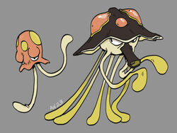  2_tentacles 7_tentacles absurd_res ambiguous_gender cnidarian corantus digital_drawing_(artwork) digital_media_(artwork) duo generation_9_pokemon grey_background hi_res jellyfish looking_at_another marine medusozoan nintendo orange_body orange_skin pale_skin pokemon pokemon_(species) signature simple_background snout tagme tentacle tentacle_legs toedscool toedscruel 