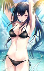  absurdres alternate_costume armpits arms_up bikini black_bikini black_hair blue_sky blush breasts cleavage closed_mouth cloud cloudy_sky commentary commission cowboy_shot day female hair_between_eyes hair_tie_in_mouth highres ichinose_uruha kairi_(miry666) large_breasts light_rays long_hair looking_at_viewer mouth_hold navel ocean outdoors palm_tree purple_eyes side-tie_bikini_bottom skeb_commission sky solo splashing standing stomach sunlight swimsuit tree virtual_youtuber vspo! 