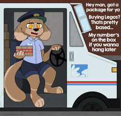  2021 4_toes absurd_res adobe_photoshop_(artwork) barefoot black_nose blue_clothing blue_shirt blue_topwear bottomwear box brick_wall brown_body brown_fur canid canine canis circle_eyebrows clothed clothing container delivery_(commerce) delivery_employee delivery_uniform detailed_background dialogue digital_drawing_(artwork) digital_media_(artwork) domestic_dog english_text eyebrows feet female flat_colors floppy_ears fur grumman hat head_tuft headgear headwear hi_res hindpaw holding_box holding_container holding_object lego looking_at_viewer lop_ears mammal open_mouth orange_eyes outside paws pink_tongue plantigrade postal_carrier postal_delivery postal_van sam_(sleepysheepy17) shirt shorts sitting sleepysheepy17 solo steering_wheel tail talking_to_viewer teeth text toes tongue topwear tuft uniform wall_(structure) white_text 