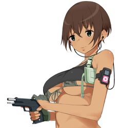  armband bad_id bad_twitter_id bare_shoulders bikini breasts brown_hair camouflage camouflage_bikini cleavage crop_top digital_media_player earbuds earphones female fingerless_gloves front-tie_top gloves green_eyes green_gloves gun half_gloves handgun highres ipod ipod_nano iwadamai large_breasts original short_hair simple_background solo swimsuit tank_top underboob upper_body weapon white_background 