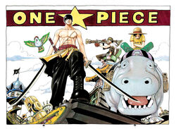  2001 3boys animal bandana bird black_pants boots border building color_spread colorspread copyright_name cover cover_page crossed_arms dual_wielding earrings error flag gun haramaki hat highres hippo hippo_(animal) hippopotamus indian_style jewelry jolly_roger male male_focus math_error monkey_d_luffy multiple_boys oda_eiichiro oda_eiichirou official_art one_piece outdoors pants pirate pirate_flag riding roronoa_zoro sash scar sitting straw_hat sword title_drop topless usopp weapon 