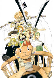  4boys anchor bandana black_hair black_pants blue_shirt bracelet cannon east_blue female formal goggles going_merry green_hair hair_over_one_eye haramaki hat highres jewelry jolly_roger monkey_d_luffy multiple_boys nami nami_(one_piece) oda_eiichiro oda_eiichirou official_art one_piece orange_hair overalls pants pirate pirate_flag railing red_vest rope roronoa_zoro sandals sanji scar ship shirt simple_background sitting smile standing straw_hat striped striped_shirt suit sword tree usopp vest weapon white_shirt 