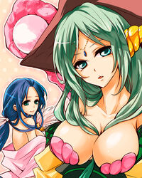  2girls aoi_remi aqua_eyes bad_id bad_pixiv_id blue_hair breasts cleavage green_eyes green_hair hand_fan hat large_breasts long_hair magi_the_labyrinth_of_magic multiple_girls photoshop_(medium) ren_hakuei shell shell_bikini staff witch_hat yamuraiha 