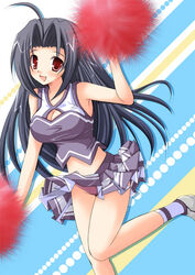  bb black_hair breasts cheerleader footwear large_breasts legs long_hair panties pom_poms red_eyes school_uniform schoolgirl serafuku skirt skirt_lift socks underwear 