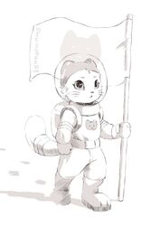  2017 2:3 ambiguous_gender astronaut clothing creature_print domestic_cat english_text felid feline felis flag flag_(object) head_print holding_flag holding_object mammal monochrome senz simple_background solo space spacesuit standing suit text white_background 