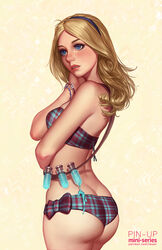  1girls blonde_hair blue_eyes blush bra bracelet fair-skinned_female fair_skin female female_focus female_only hair hairband hand_on_head league_of_legends light-skinned_female light_skin lingerie liquid long_hair luxanna_crownguard panties pinup pose presenting ribbon side_view skimpy_clothes solo solo_female solo_focus standing tsuaii vial 