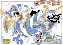  2boys black_hair black_pants boat border clenched_teeth cloud copyright_name cover cover_page dragon female female flying goggles grabbing green_hair haramaki hat hat_removed headwear_removed highres island jolly_roger monkey_d_luffy multiple_boys nami nami_(one_piece) ocean oda_eiichirou official_art one_piece orange_hair outdoors pants piercing pirate pirate_flag red_vest riding roronoa_zoro scar scenery sharp_teeth shirt shorts signature signed smile straw_hat striped striped_shirt teeth title_drop treasure_chest vest white_shirt 