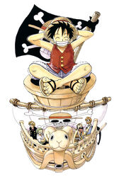  4boys anchor black_hair blonde_hair bracelet cigarette crossed_arms east_blue female formal goggles going_merry green_hair hair_over_one_eye haramaki hat highres indian_style jewelry jolly_roger leaning male monkey_d_luffy multiple_boys nami nami_(one_piece) oda_eiichiro oda_eiichirou official_art one_piece orange_hair overalls perspective pirate pirate_flag railing red_vest rope roronoa_zoro sandals sanji scar ship shirt shorts sitting smile smoking standing straw_hat striped striped_shirt suit tattoo teeth usopp vest white_shirt 