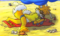 4_toes anthro barefoot beach biped canid canine feet fox fur lying male mammal multi_tail on_side on_towel outside roarey_raccoon sand seaside sega soles solo sonic_the_hedgehog_(series) spread_toes tail tails toes towel yellow_body yellow_fur