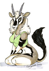 2006 antelope anthro biped black_body black_fur bottomless bovid breasts cleavage clothed clothing female fur gemsbok grazing_antelope hair horn looking_aside looking_at_viewer mammal oryx raised_tail signature simple_background sitting smile solo tail tail_tuft tan_body tan_fur tuft white_background white_body white_fur white_hair xianjaguar