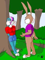  anthro binky_bunny_(rutwell) blue_body blue_fur bottomless bottomwear breasts brown_body brown_fur brown_hair clothed clothing duo female forest fur hair kthanid_(artist) lagomorph leporid male male/female mammal outside plant purple_hair rabbit randy_rabbit rutwell_forest scut_tail short_tail shorts shrub tail tree 