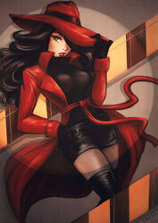  asami_sato avatar_legends belt black_gloves black_hair boots breasts carmen_sandiego carmen_sandiego_(series) coat commentary cosplay crossover english_commentary eyeliner fedora female fishnet_legwear fishnets gloves green_eyes hat hat_over_one_eye hat_tug iahfy lipstick long_coat long_hair makeup medium_breasts pantyhose pencil_skirt red_belt red_coat skirt solo the_legend_of_korra thigh_boots thighhighs turtleneck wavy_hair 