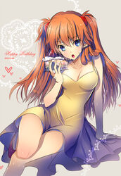  :o arnoul bad_id bad_pixiv_id blue_eyes blush breasts cake cleavage commentary_request dated dress eating female food fruit hair_ornament happy_birthday heart long_hair medium_breasts neon_genesis_evangelion orange_hair photoshop_(medium) sitting solo souryuu_asuka_langley strawberry yellow_dress 