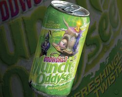 5:4 abe_(oddworld) alien alien_humanoid ambiguous_gender beverage english_text fake_advertisement gabbit humanoid latamire_munch marine mudokon not_furry oddworld official_art sewn_mouth soda text unknown_artist zero_pictured