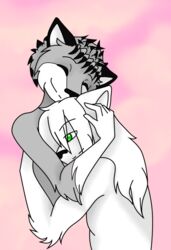 adela555 anthro canid canine closed_eyes cuddling duo embrace felid fox green_eyes hug love male male/male mammal nude romantic romantic_couple simple_background smile toris