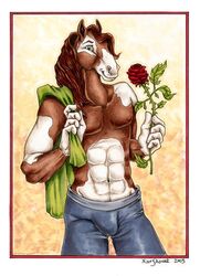 2003 anthro clothed clothing equid equine flower holding_flower holding_object horse male mammal plant rose_(flower) signature solo topless xianjaguar