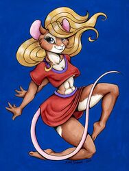 2002 anthro blonde_hair blue_eyes bottomwear breasts brown_body brown_fur cleavage clothed clothing female fur hair long_hair mammal midriff mouse murid murine rodent signature skirt solo sunni_(xianjaguar) tail white_body white_fur xianjaguar