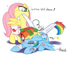 0r0ch1 bandage blood blood_on_bandage blue_body blue_feathers blue_fur blush bodily_fluids cutie_mark dialogue duo english_text equid equine feathered_wings feathers female feral first_aid_kit fluttershy_(mlp) friendship_is_magic fur hair hasbro leaf mammal medical medical_instrument multicolored_hair multicolored_tail my_little_pony mythological_creature mythological_equine mythology pegasus pink_hair rainbow_dash_(mlp) rainbow_hair rainbow_tail scientific_instrument simple_background tail text white_background wings wounded yellow_body yellow_feathers