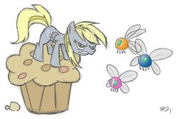 3:2 cutie_mark derpy_hooves equid equine feathered_wings feathers female feral food friendship_is_magic grey_body grey_feathers group hasbro insect_wings mammal muffin my_little_pony mythological_creature mythological_equine mythology parasprite_(mlp) pegasus quadruped simple_background tail white_background wings yikomega