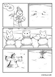 2006 anthro artdecade branch canid canine canis clothed clothing comic dialogue english_text greyscale group jacket male mammal monochrome outside plant scarf simple_background snow snow_angel snowball snowball_fight solo_focus sound_effects text topwear tree white_background wolf wood