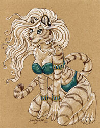 2011 anthro bikini biped clothed clothing felid female kneeling mammal pantherine signature simple_background skimpy solo stripes swimwear tail tan_background textured_background tiger xianjaguar