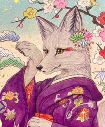  accessory anthro asian_clothing black_nose canid canine clothing dipstick_ears ear_markings east_asian_clothing female flower flower_in_hair fox fur hair hair_accessory handpaw hi_res japanese_clothing kaho_nishikawa kimono mammal multicolored_ears painting_(artwork) paws plant realistic_fur solo traditional_media_(artwork) whiskers white_body white_fur yellow_eyes 