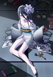  aris_(blue_archive) barefoot black_hair blue_archive blue_nails blush choker closed_mouth collarbone commentary eyelashes famicom famicom_gamepad feet female flat_chest flower from_above full_body game_boy_advance_sp game_cartridge game_console gamecube gamecube_controller grey_kimono hair_between_eyes hair_flower hair_ornament hairband handheld_game_console hands_up highres hitachi_magic_wand indoors japanese_clothes kimono kirby kirby_(series) kirby_64 kirby_air_ride kirby_and_the_amazing_mirror kuro_(zhurunbo1997) legs long_hair_between_eyes loose_kimono nail_polish nintendo_64 nintendo_64_controller nintendo_switch no_panties obi off_shoulder pale_skin print_kimono sash sega_dreamcast sex_toy shadow shiny_clothes sidelocks sleeves_past_wrists smile solo symbol-only_commentary tatami thighs toenail_polish toenails toes vibrator virtual_boy wide_sleeves 