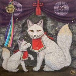  ambiguous_gender bandana bell black_nose canid canine dipstick_ears duo ear_markings feral fluffy fluffy_tail fox fur hi_res japanese_text kaho_nishikawa kerchief mammal multicolored_ears mythology painting_(artwork) realistic_fur ribbons rope sitting tail text traditional_media_(artwork) whiskers white_body white_fur yellow_eyes 