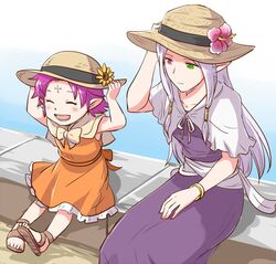  2girls alternate_costume bracelet closed_eyes closed_mouth dress facial_mark fae_(fire_emblem) fire_emblem fire_emblem:_the_binding_blade flower forehead_mark green_eyes hat hat_flower heterochromia idunn_(fire_emblem) jewelry ksw_f_m_d long_hair multiple_girls open_mouth pointy_ears purple_hair red_eyes sandals short_hair sitting straw_hat 