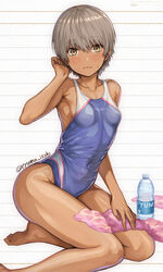  adjusting_hair armpits bare_legs barefoot blue_one-piece_swimsuit bottle breasts brown_eyes collarbone commentary competition_swimsuit covered_navel dark-skinned_female dark_skin drink female grey_hair hair_between_eyes highres isshi_pyuma lined_paper looking_at_viewer mole mole_under_eye on_ground one-piece_swimsuit original short_hair sitting small_breasts smile solo swimsuit tomboy towel twitter_username two-tone_swimsuit very_short_hair water_bottle white_one-piece_swimsuit yokozuwari 