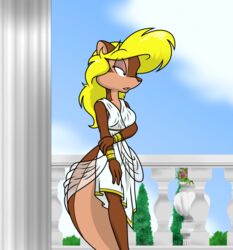  2013 amy_the_squirrel anthro black_eyes blonde_hair bracelet breasts brown_body brown_fur clothing cloud day female flower fur greek hair jewelry mammal plant rodent sciurid sky solo standing sycotei-b tan_body tan_fur toga tree tree_squirrel urn venus_(deity) 