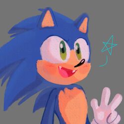  1:1 anthro blue_body blush clothing eulipotyphlan fangs gloves green_eyes handwear hedgehog hi_res male mammal sega simple_background smile solo sonic_the_hedgehog sonic_the_hedgehog_(series) spidercheetos teeth 