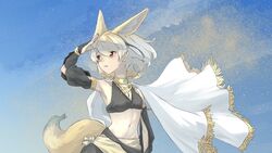  alternate_costume animal_ears bare_shoulders black_shirt black_sleeves blonde_hair blue_sky bracelet cape cowboy_shot crop_top detached_sleeves extra_ears fennec_(kemono_friends) fox_ears fox_girl fox_tail frilled_cape gold_bracelet gold_necklace hair_between_eyes harem_outfit highres jewelry kemono_friends midriff multicolored_hair navel necklace orange_eyes sasa_fune shirt short_hair sidelocks sky sleeves_past_wrists solo star_(sky) tail white_cape white_hair 