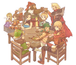  4girls 6+boys :d aht beard blonde_hair brown_hair chair cup drinking eruca facial_hair full_body gafka green_eyes heiss horns lippti marco_(radiant_historia) monster_girl mug multiple_boys multiple_girls pixie_cut pointy_ears poncho radiant_historia raynie rosch short_hair simple_background sitting smile stocke table teo toasting_(gesture) tommy0117 white_background 