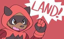  anthro clothing english_text exclamation_point facial_markings generation_3_pokemon gloves grunt_(pokemon) handwear head_markings hi_res hoodie imdanuki magma_grunt male markings mask_(marking) nintendo open_mouth pokemon pokemon_(species) solo team_magma text topwear yelling zigzagoon 