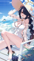  absurdres black_hair blue_archive breasts chair covered_navel earrings female flower hair_over_one_eye halo hat hat_flower highres hinata_(blue_archive) hinata_(swimsuit)_(blue_archive) jewelry large_breasts long_hair lounge_chair ocean one-piece_swimsuit red_eyes shi_classmate single_earring sun_hat swimsuit very_long_hair white_one-piece_swimsuit 