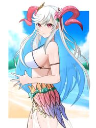  bare_shoulders beach bikini breasts colored_inner_hair commentary female fire_emblem fire_emblem_heroes freyja_(fire_emblem) freyja_(summer)_(fire_emblem) from_side goat_horns highres horns long_hair looking_at_viewer multicolored_hair ocean official_alternate_costume ondur outdoors own_hands_together parted_lips red_eyes sideboob solo swimsuit very_long_hair white_bikini white_hair 