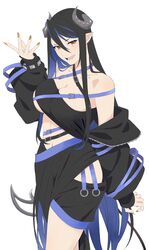  akitetsu bandeau belt black_bandeau black_belt black_hair black_jacket black_skirt blue_belt blue_hair blush breasts brown_eyes brown_nails chest_belt cleavage collarbone cowboy_shot curled_horns demon_girl demon_horns demon_tail fangs female fingernails grey_horns hair_between_eyes hand_up hebiyoi_tier hebiyoi_tier_(1st_costume) highres hip_vent horns jacket large_breasts long_bangs long_hair long_sleeves looking_at_viewer multicolored_hair nail_polish nanashi_inc. navel off_shoulder open_clothes open_jacket open_mouth pointy_ears sidelocks simple_background skirt slit_pupils smile solo tail two-tone_hair virtual_youtuber white_background 