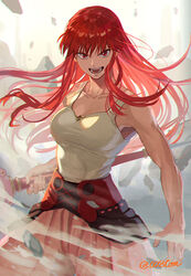  breasts female highres holding holding_staff konjiki_no_gash!! konjiki_no_gash!!_2 large_breasts long_hair looking_at_viewer muscular muscular_female open_mouth otton red_eyes red_hair solo staff tank_top teeth tio_(konjiki_no_gash!!) twitter_username wind 