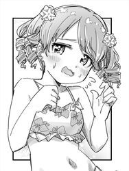  bikini blush breasts collarbone female floral_print flower flying_sweatdrops frilled_bikini frills greyscale hair_flower hair_ornament hands_up idolmaster idolmaster_cinderella_girls looking_at_viewer monochrome morikubo_nono navel open_mouth parted_bangs print_bikini ringlets small_breasts solo sweat swimsuit upper_body wavy_mouth yukie_(kusaka_shi) 