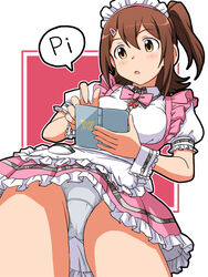  apron bow bowtie breasts brown_eyes brown_hair collared_shirt commentary_request cowboy_shot crotch_seam dress female frilled_dress frills from_below hair_ornament hairclip holding idolmaster idolmaster_million_live! kasuga_mirai lielos looking_at_viewer maid_headdress medium_hair official_alternate_costume one_side_up open_mouth panties pantyshot partial_commentary pinafore_dress pink_bow pink_bowtie pink_dress pretty_waitress_(idolmaster) puffy_short_sleeves puffy_sleeves shirt short_dress short_sleeves sleeveless sleeveless_dress solo standing underwear upskirt waist_apron white_apron white_panties white_shirt wrist_cuffs 