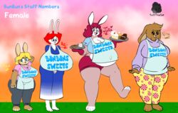  absurd_res anthro apron belly big_belly big_breasts black_eyes blonde_hair blue_eyes bottomwear breasts brown_body brown_fur bunbun&#039;s_sweets cake candy cherry chocolate clothed clothing cookie dessert digital_media_(artwork) dot_eyes english_text female food fruit fur group hair hi_res huge_breasts hyper hyper_breasts ice_cream juna_(tuffthecat) lagomorph legwear leporid looking_at_viewer mammal max_(tuffthecat) muffin navel navel_outline nina_(tuffthecat) open_mouth pattern_clothing pattern_legwear plant pregnant pregnant_anthro pregnant_female rabbit red_hair rei_(tuffthecat) simple_background slightly_chubby smile sweater text thick_thighs tongue topwear tuffthecat white_body wide_hips 