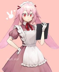  1boy :&lt; alternate_costume animal_ears ansel_(arknights) apron arknights artist_name clipboard closed_mouth crossdressing dress enmaided frilled_apron frills gloves hair_between_eyes hand_on_own_hip highres holding holding_clipboard looking_at_viewer maid maid_apron maid_headdress male_focus moribe_denkou neck_ribbon otoko_no_ko pink_background pink_hair puffy_short_sleeves puffy_sleeves purple_dress rabbit_boy rabbit_ears red_eyes red_ribbon ribbon short_hair short_sleeves signature simple_background solo twitter_username white_apron white_gloves 