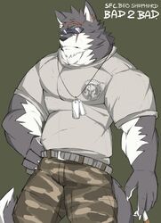  absurd_res anthro bad_2_bad:_extinction beo_shepherd_(bad_2_bad) canid canine canis claws clothing dog_tags domestic_dog eyewear fur grey_body grey_fur hi_res jewelry male mammal military_pants muscular muscular_anthro muscular_male necklace roulga scar solo sunglasses white_body white_fur 