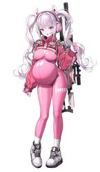  :d absurdres alice_(nikke) animal_ear_headphones animal_ears big_belly blush bodysuit breasts commentary cropped_jacket dduck_kong fake_animal_ears female flatculture full_body gloves goddess_of_victory:_nikke grey_hair groin gun gun_on_back headphones headset highres inflation jacket long_hair long_sleeves looking_at_viewer medium_breasts official_art pigeon-toed pink_bodysuit pink_eyes pink_gloves pink_headphones pregnant puffy_long_sleeves puffy_sleeves red_jacket ribbed_legwear rifle scope self-upload shoes simple_background sleeves_past_wrists smile sniper_rifle socks solo standing tachi-e third-party_edit twintails very_long_hair weapon weapon_on_back white_background white_footwear white_socks 