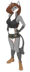  anthro black_body black_fur blue_eyes boots boots_(marking) bottomwear brown_hair camo camo_bottomwear camo_clothing camo_pants camo_print canid canine clothing countershading crop_top ear_tips female fingerless_gloves footwear fox fur fur_markings gloves gloves_(marking) grey_body grey_fox grey_fur hair handwear hi_res long_hair mammal markings nova_era pants pattern_bottomwear pattern_clothing pattern_pants red_body red_fur shirt smile smiling_at_viewer smirk smirking_at_viewer solo sugar_weasel_(artist) topwear urocyon white_body white_fur 