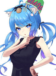  ahoge animal_ear_fluff animal_ears black_bow black_dress black_hairband blue_eyes blue_hair blush bow bowl bowl_hat breasts bright_pupils chestnut_mouth cleavage cleavage_cutout clothing_cutout collared_dress commentary cup_ramen dog_ears dog_girl dress female fish_cake food frilled_shirt_collar frills hairband hairbow hand_on_own_chin hand_on_own_hip hat highres kamaboko long_hair looking_at_viewer low_twintails medium_bangs medium_breasts nanashi_inc. narutomaki no_jacket noodles official_alternate_costume open_mouth ramen simple_background sleeveless sleeveless_dress solo souya_ichika souya_ichika_(6th_costume) twintails upper_body virtual_youtuber white_background white_pupils yaaamta 